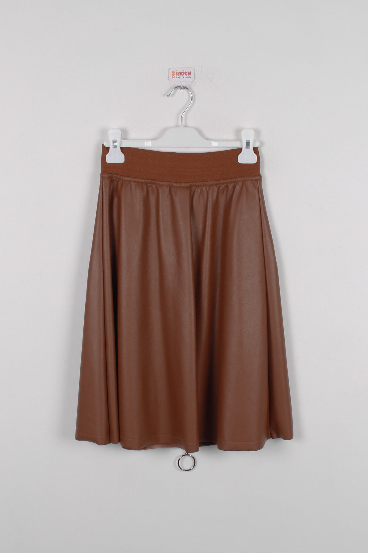 InCity Kids Kız Çocuk Cepli Önü Fermuarlı Diz Altı Suni Deri Etek