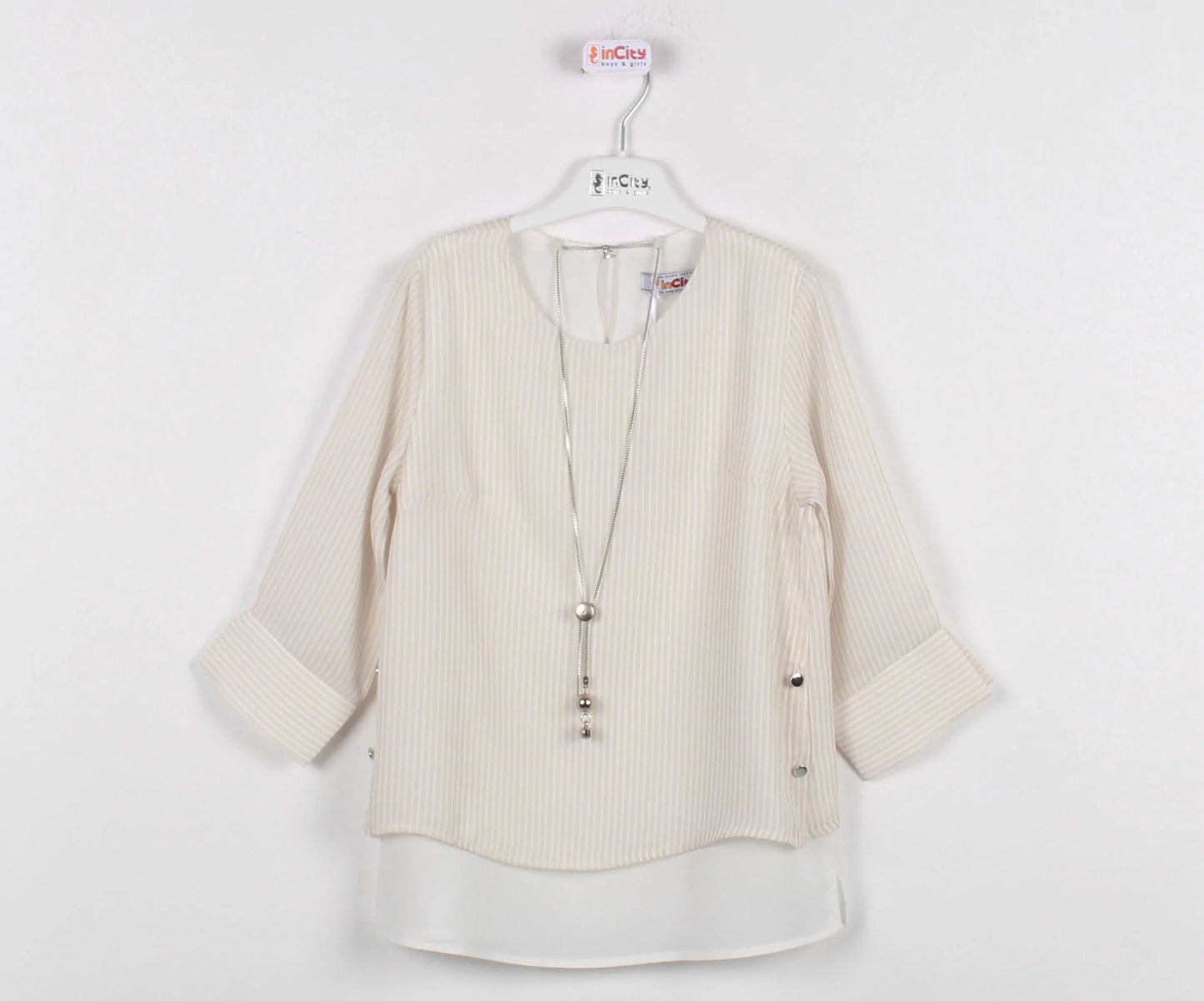 InCity Kids Girls Round Neck Stripe 3/4 Sleeve Dress Blouse with Necklace InCity Boys & Girls