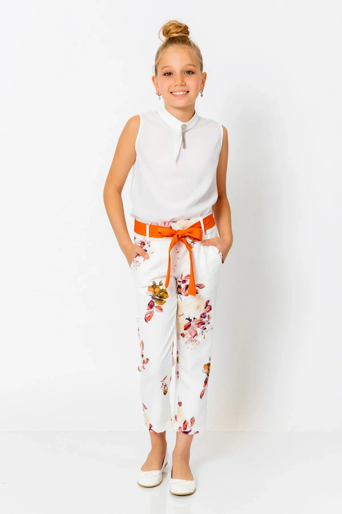 InCity Kids Girls Floral Ribbon Belted Fashion Pants InCity Boys & Girls