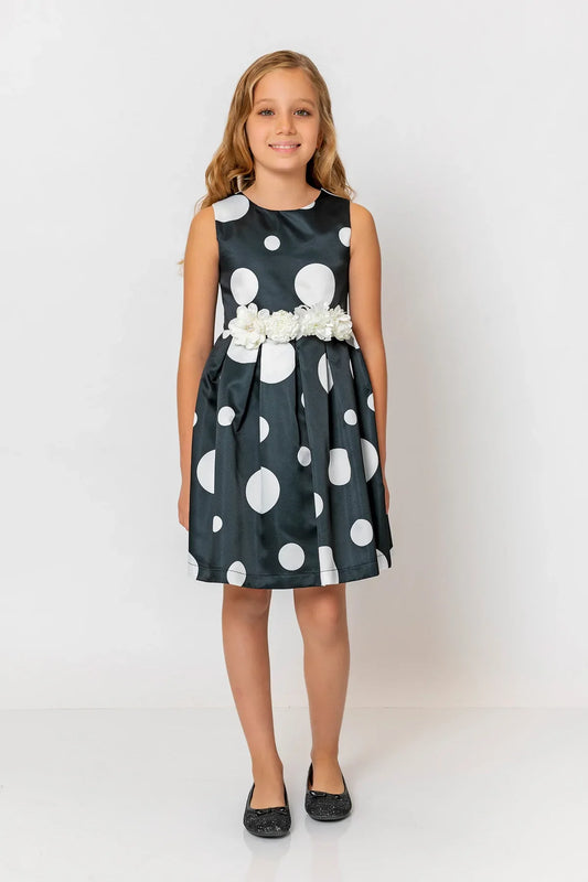 InCity Kids Girls Polka Dot Sleeveless Pleated Floral Belt Fashion Dress InCity Boys & Girls