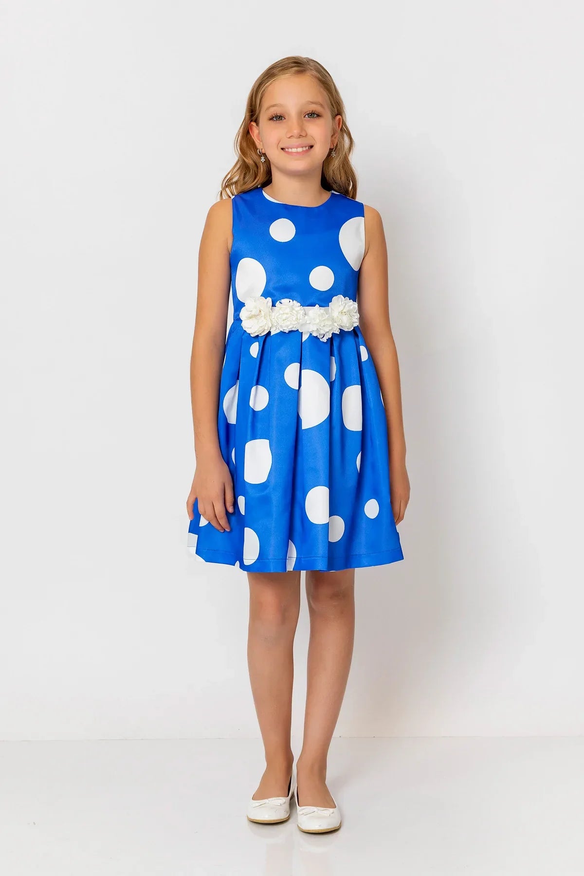 InCity Kids Girls Polka Dot Sleeveless Pleated Floral Belt Fashion Dress InCity Boys & Girls