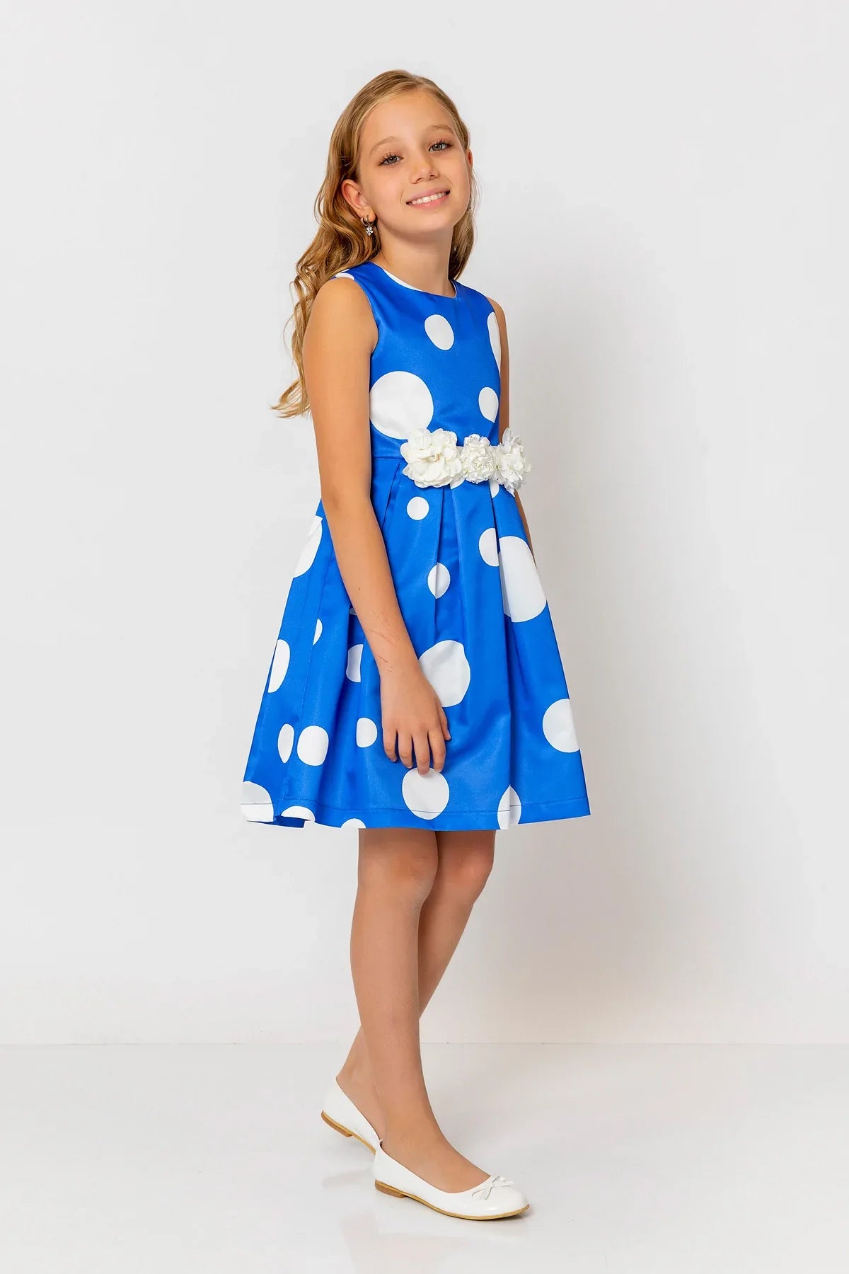 InCity Kids Girls Polka Dot Sleeveless Pleated Floral Belt Fashion Dress InCity Boys & Girls