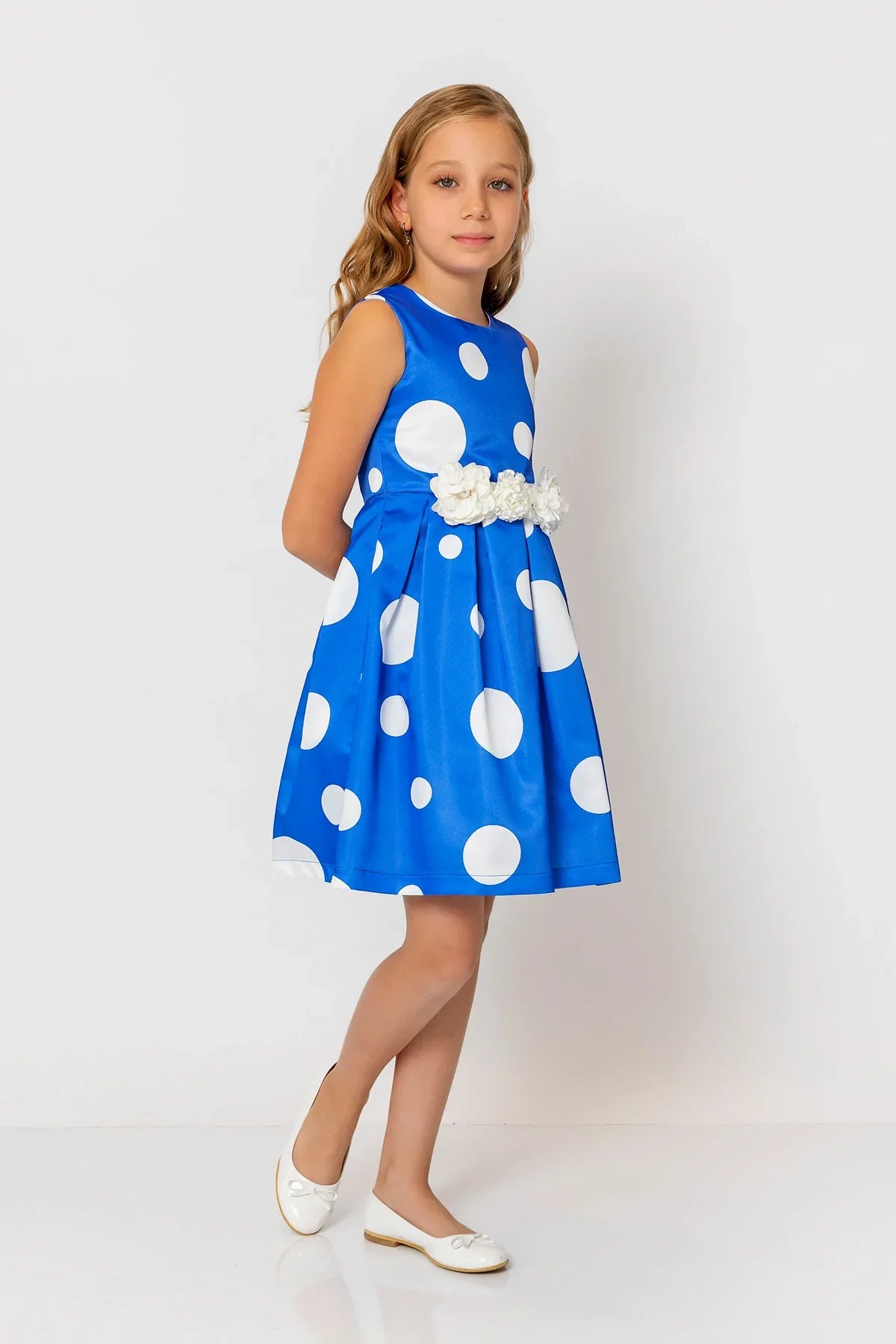 InCity Kids Girls Polka Dot Sleeveless Pleated Floral Belt Fashion Dress InCity Boys & Girls