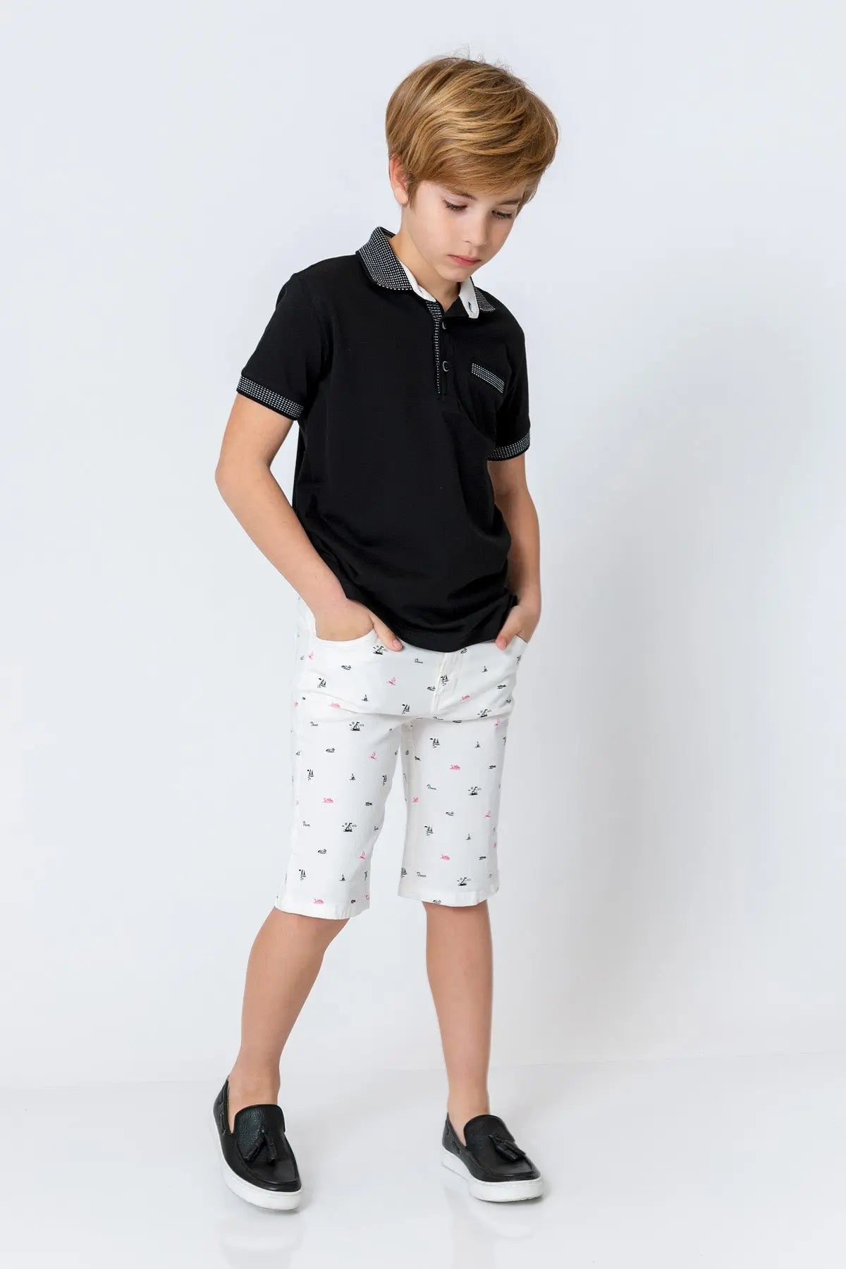 InCity Kids Boys Pattern Collar Sleeve Button Short Sleeve Polo Shirt InCity Boys & Girls