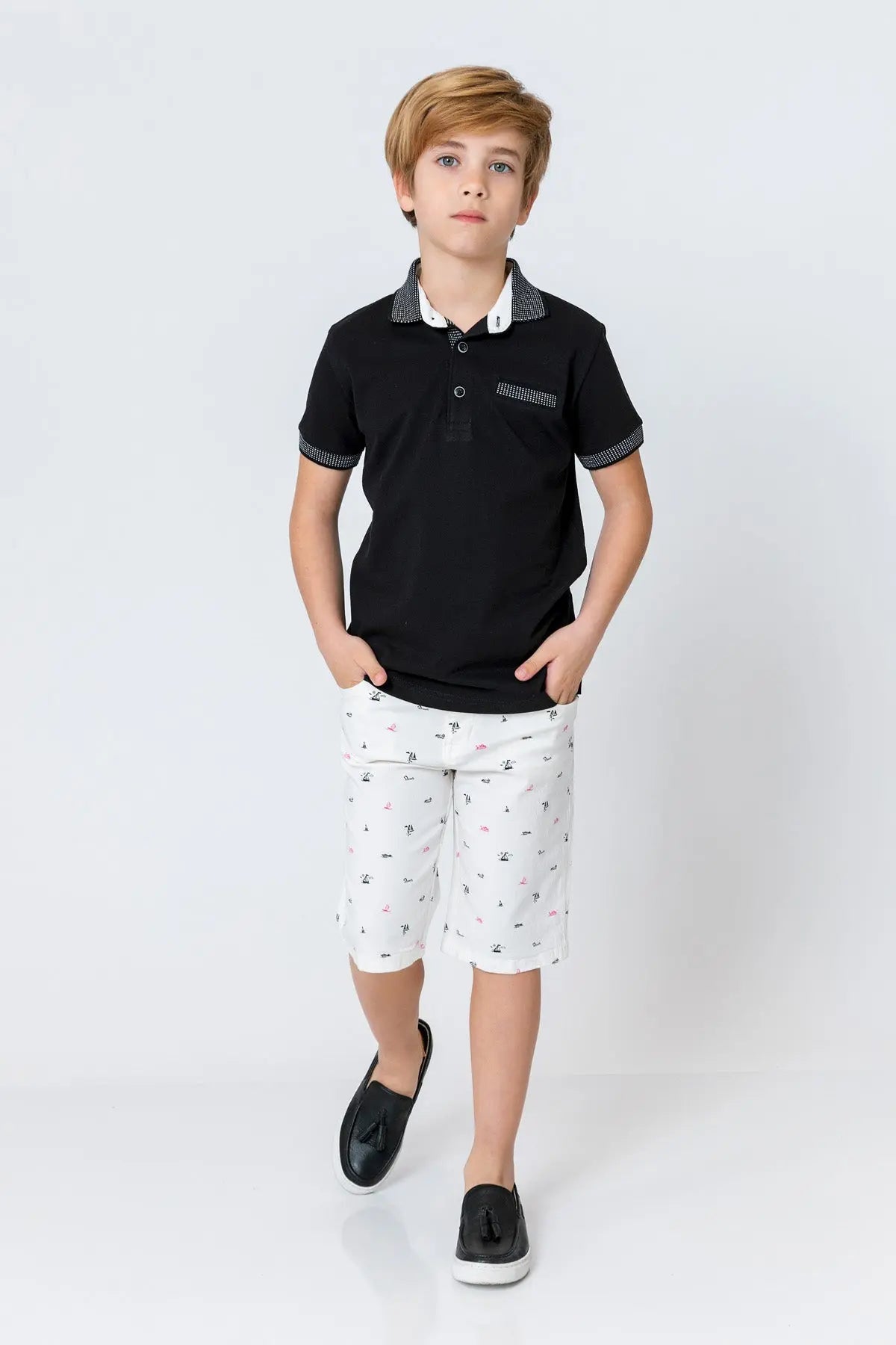 InCity Kids Boys Pattern Collar Sleeve Button Short Sleeve Polo Shirt InCity Boys & Girls