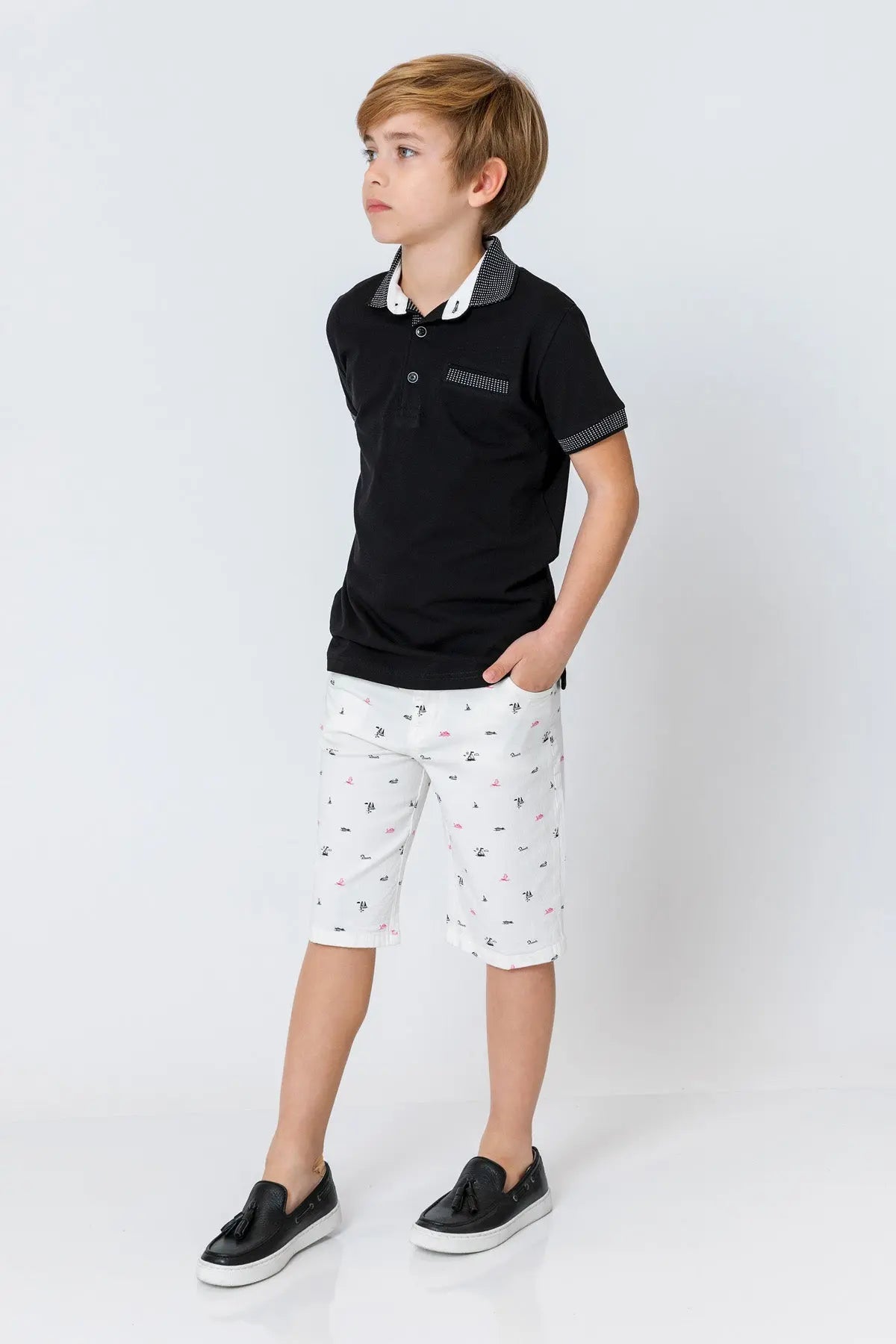 InCity Kids Boys Pattern Collar Sleeve Button Short Sleeve Polo Shirt InCity Boys & Girls