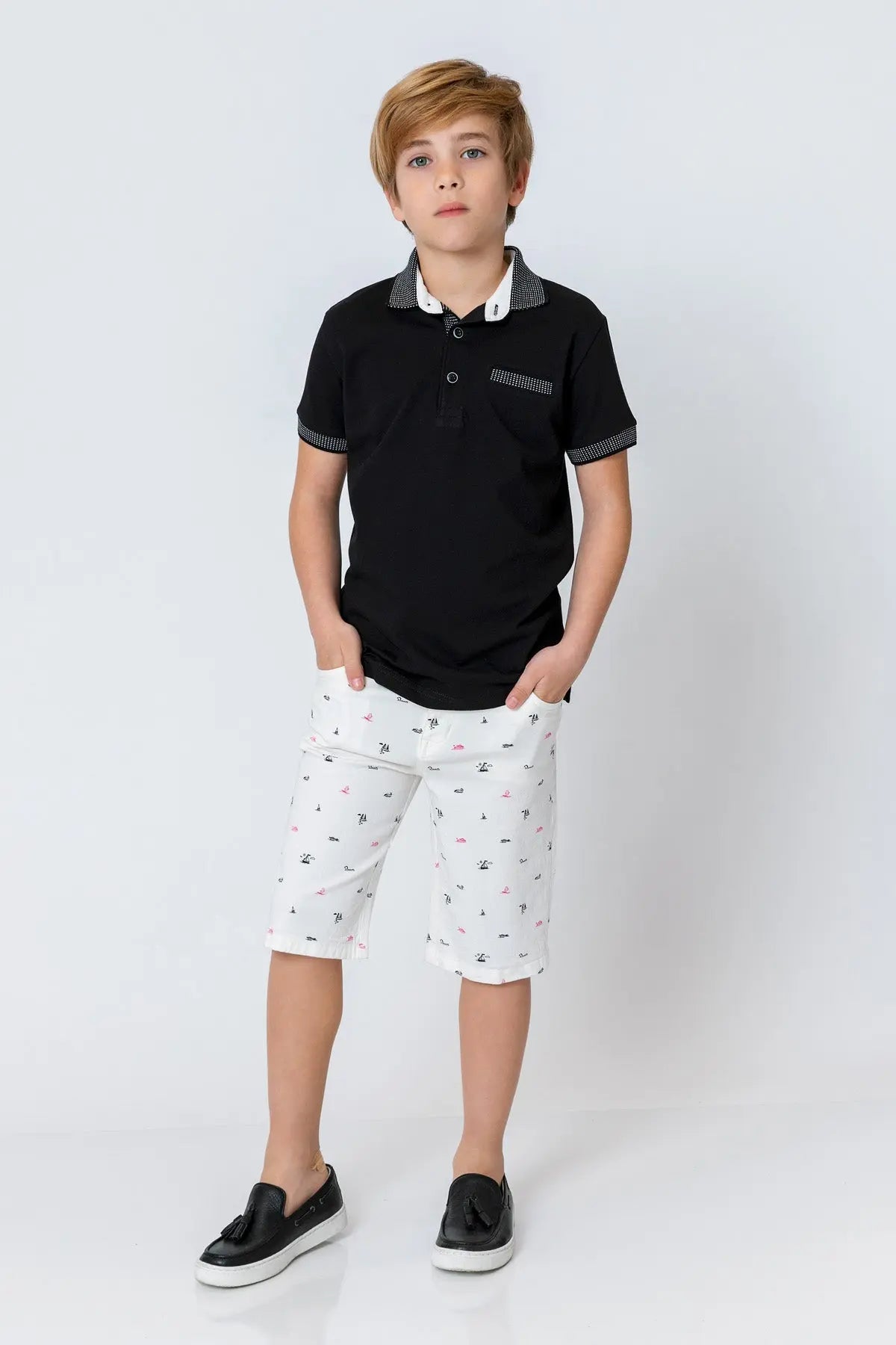 InCity Kids Boys Pattern Collar Sleeve Button Short Sleeve Polo Shirt InCity Boys & Girls