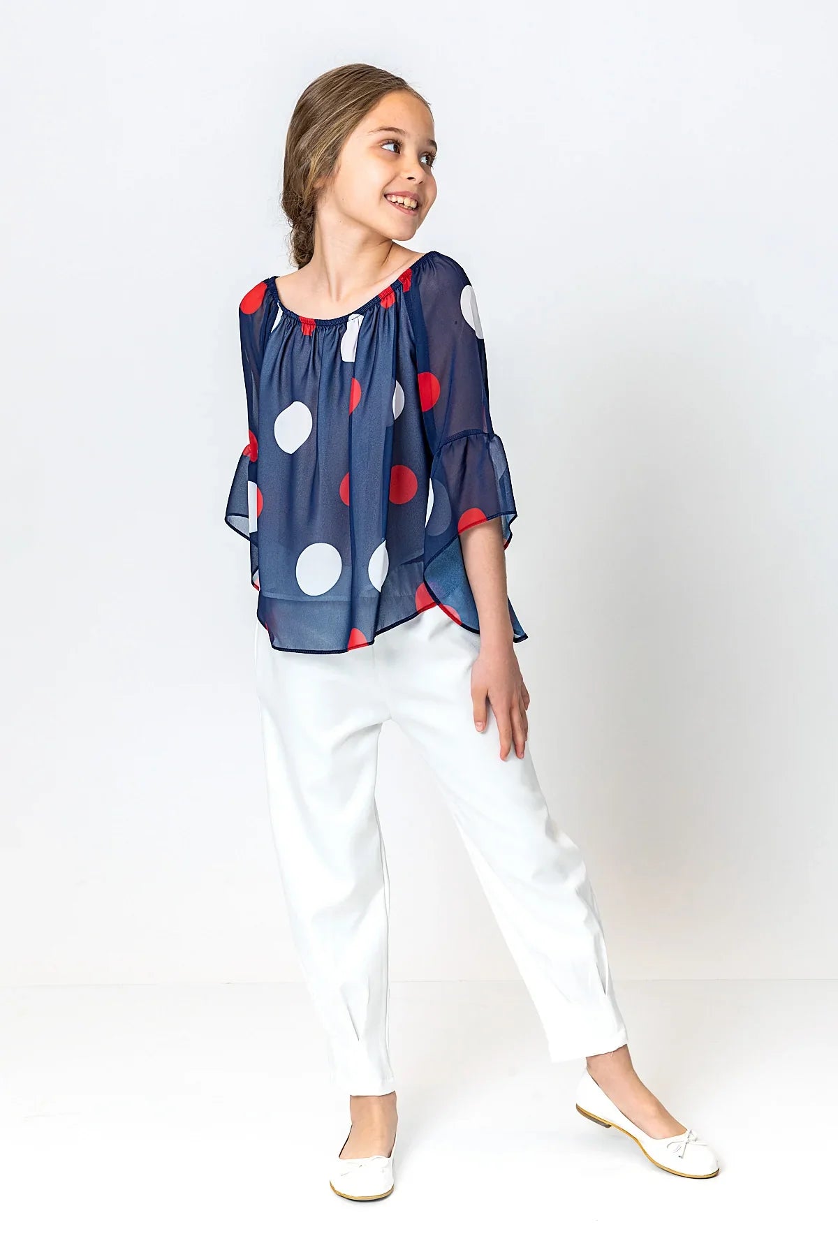 InCity Kids Girls Round Neck Polka Dot Pleated Dress Blouse InCity Boys & Girls