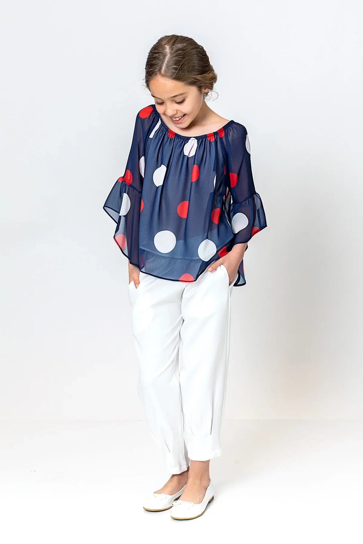 InCity Kids Girls Round Neck Polka Dot Pleated Dress Blouse InCity Boys & Girls