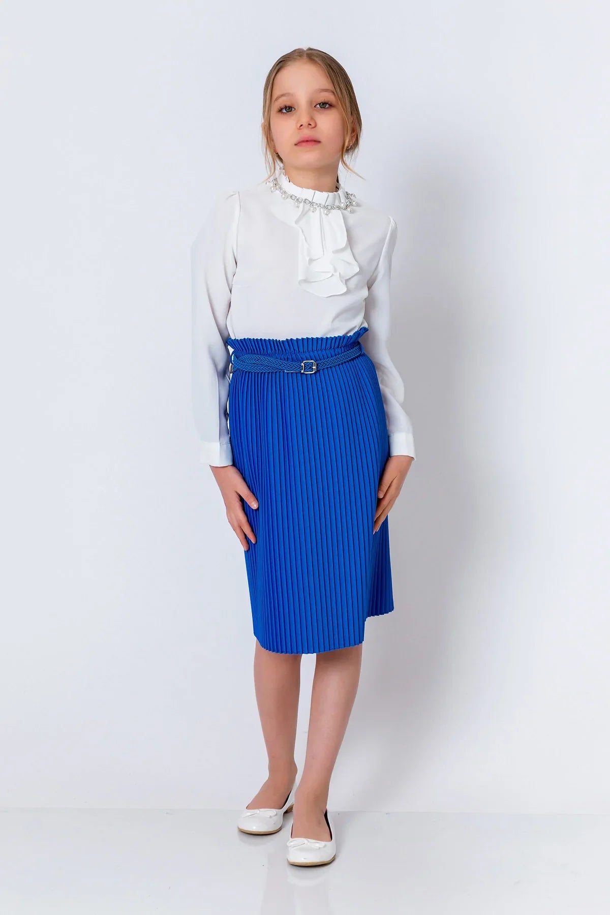 InCity Kids Girls Solid Belted Elastic Waist Pleated Midi Skirt InCity Boys & Girls