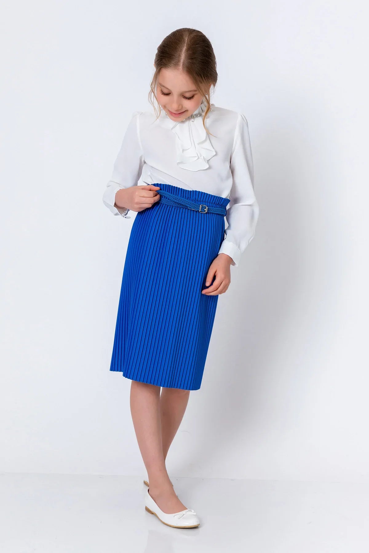 InCity Kids Girls Solid Belted Elastic Waist Pleated Midi Skirt InCity Boys & Girls