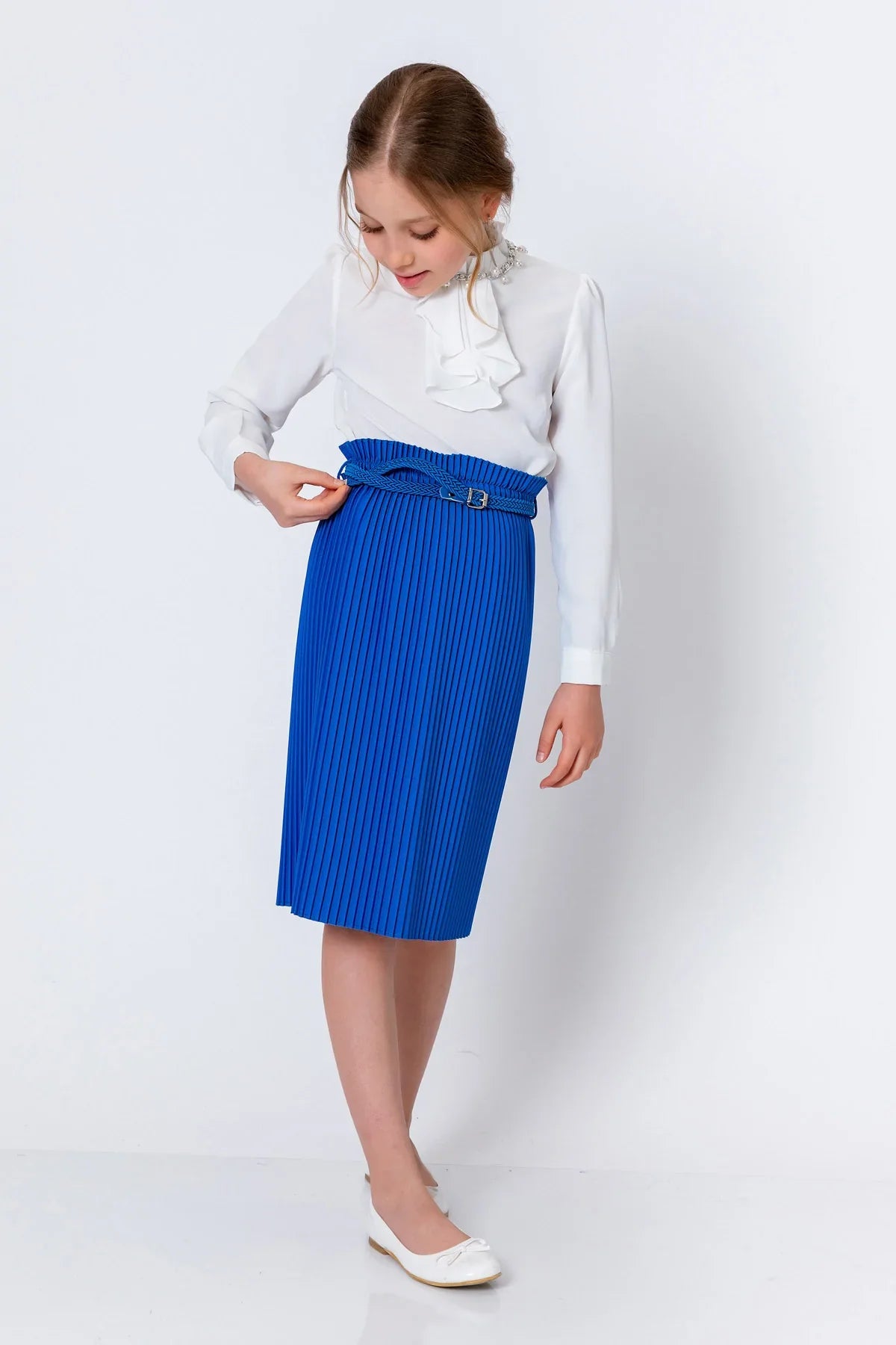 InCity Kids Girls Solid Belted Elastic Waist Pleated Midi Skirt InCity Boys & Girls