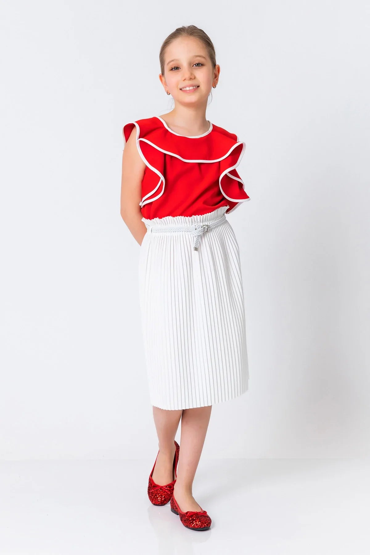 InCity Kids Girls Solid Belted Elastic Waist Pleated Midi Skirt InCity Boys & Girls