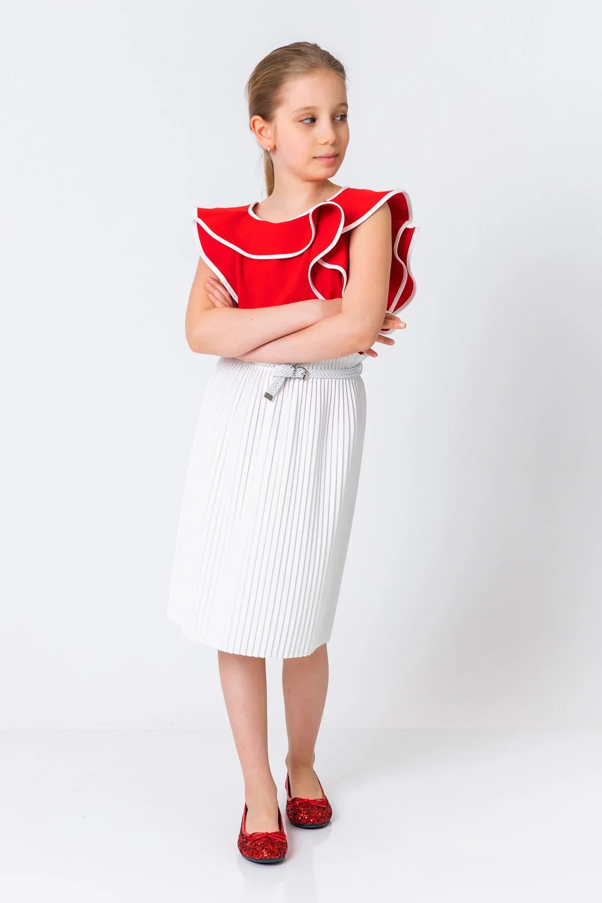 InCity Kids Girls Solid Belted Elastic Waist Pleated Midi Skirt InCity Boys & Girls