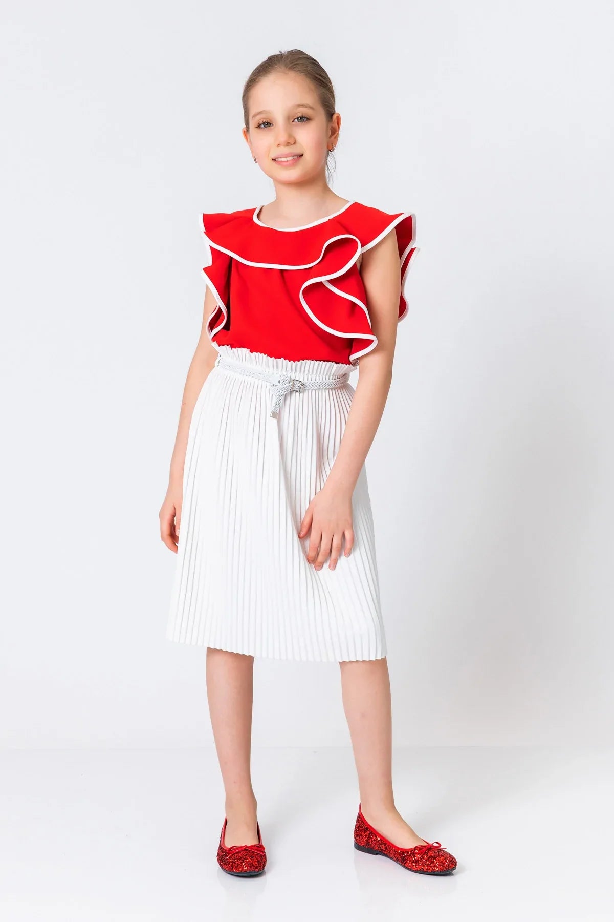 InCity Kids Girls Solid Belted Elastic Waist Pleated Midi Skirt InCity Boys & Girls