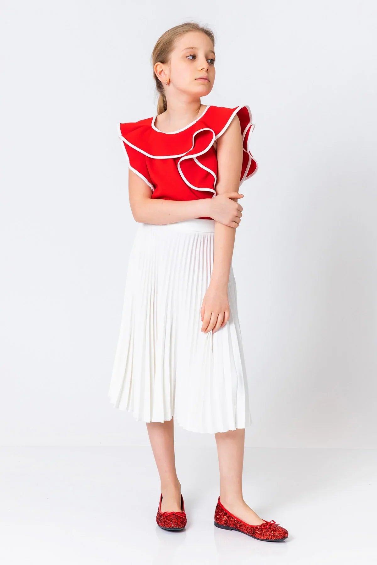 InCity Kids Girls Solid Belted Elastic Waist Pleated Midi Skirt InCity Boys & Girls