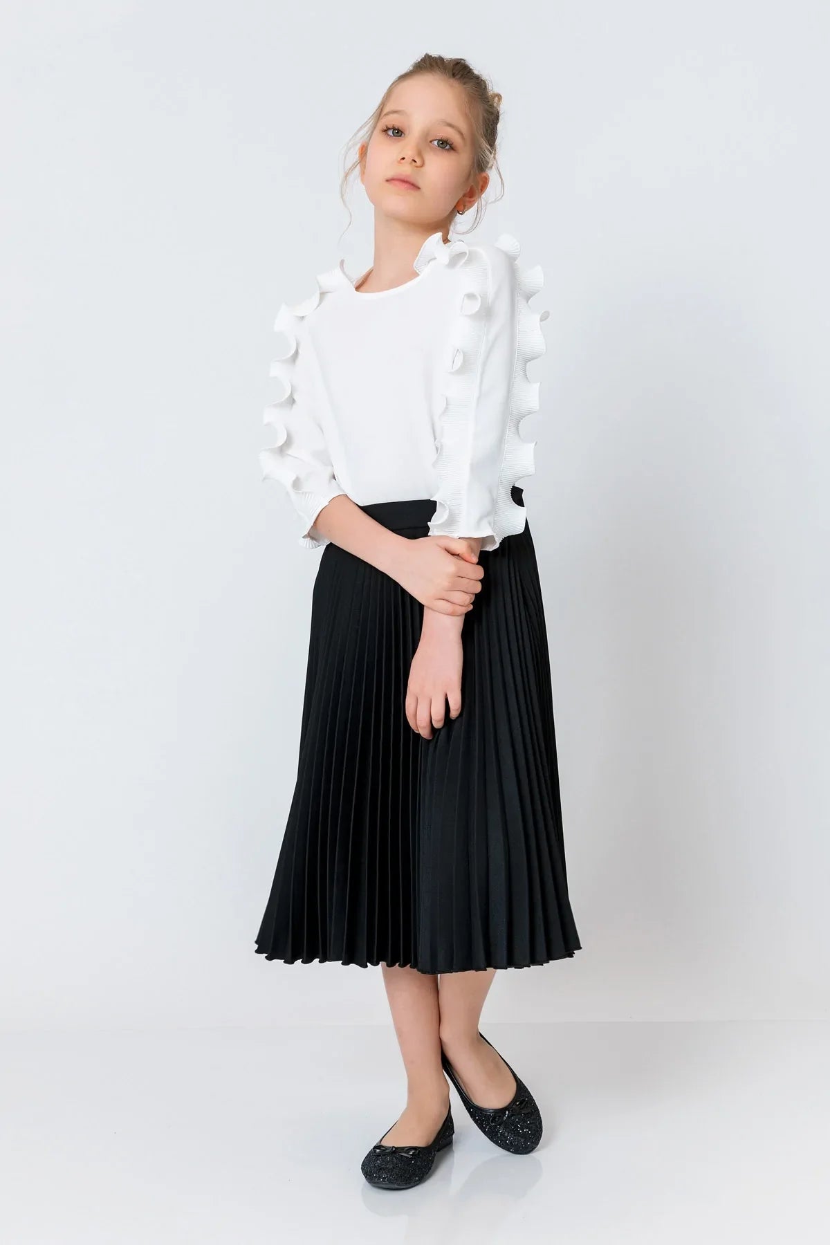 InCity Kids Girls Solid Round Neck Ruffle Sleeve Dress Blouse InCity Boys & Girls