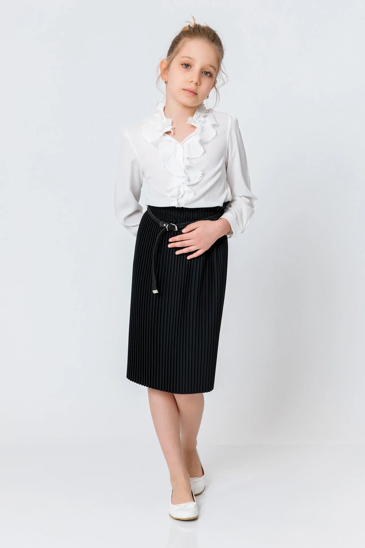 InCity Kids Girls Solid Belted Elastic Waist Pleated Midi Skirt InCity Boys & Girls