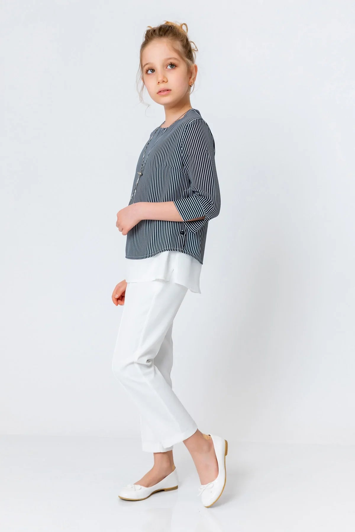 InCity Kids Girls Round Neck Stripe 3/4 Sleeve Dress Blouse with Necklace InCity Boys & Girls