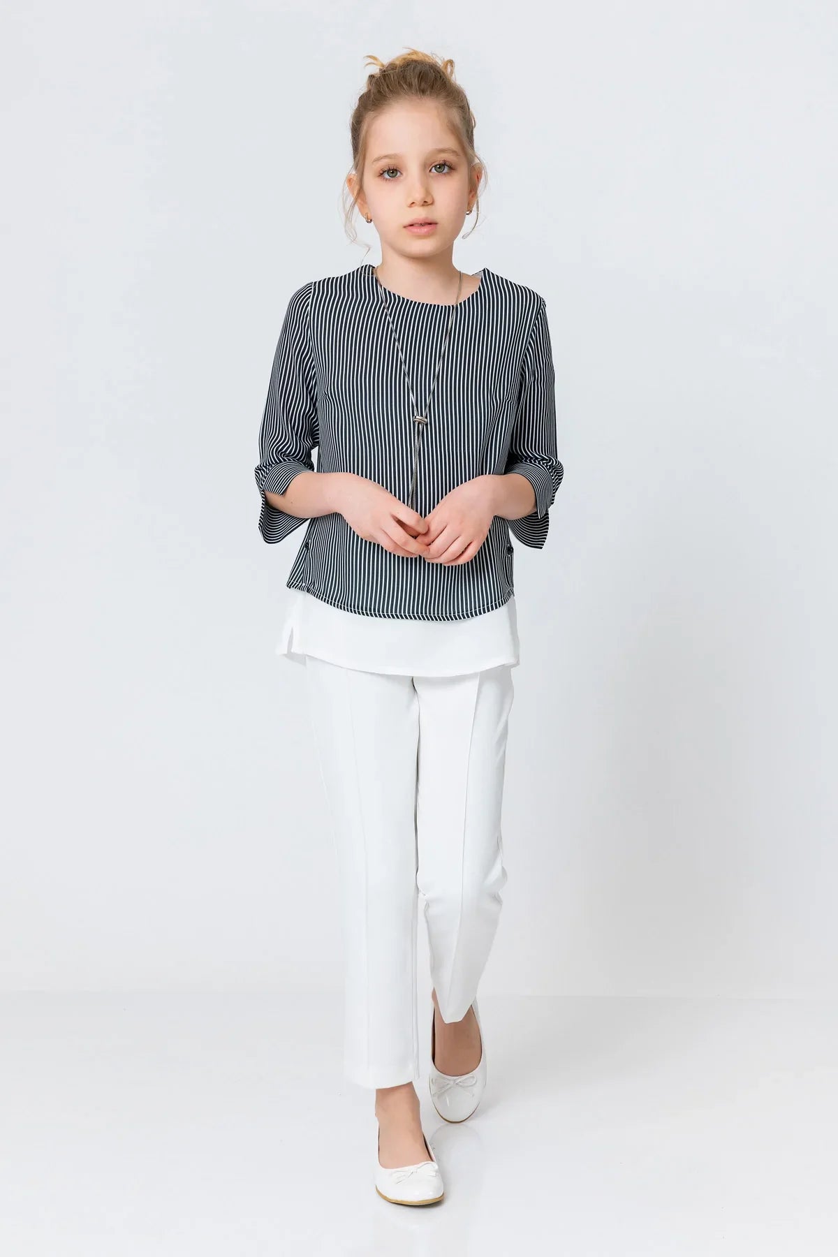 InCity Kids Girls Round Neck Stripe 3/4 Sleeve Dress Blouse with Necklace InCity Boys & Girls