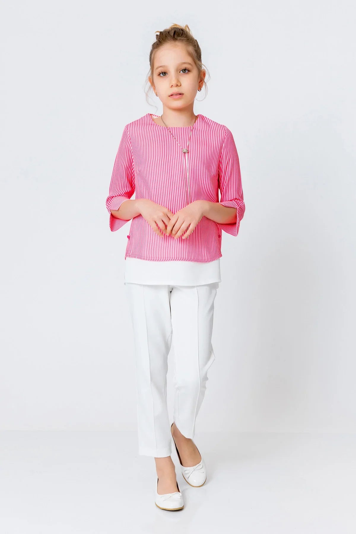 InCity Kids Girls Round Neck Stripe 3/4 Sleeve Dress Blouse with Necklace InCity Boys & Girls