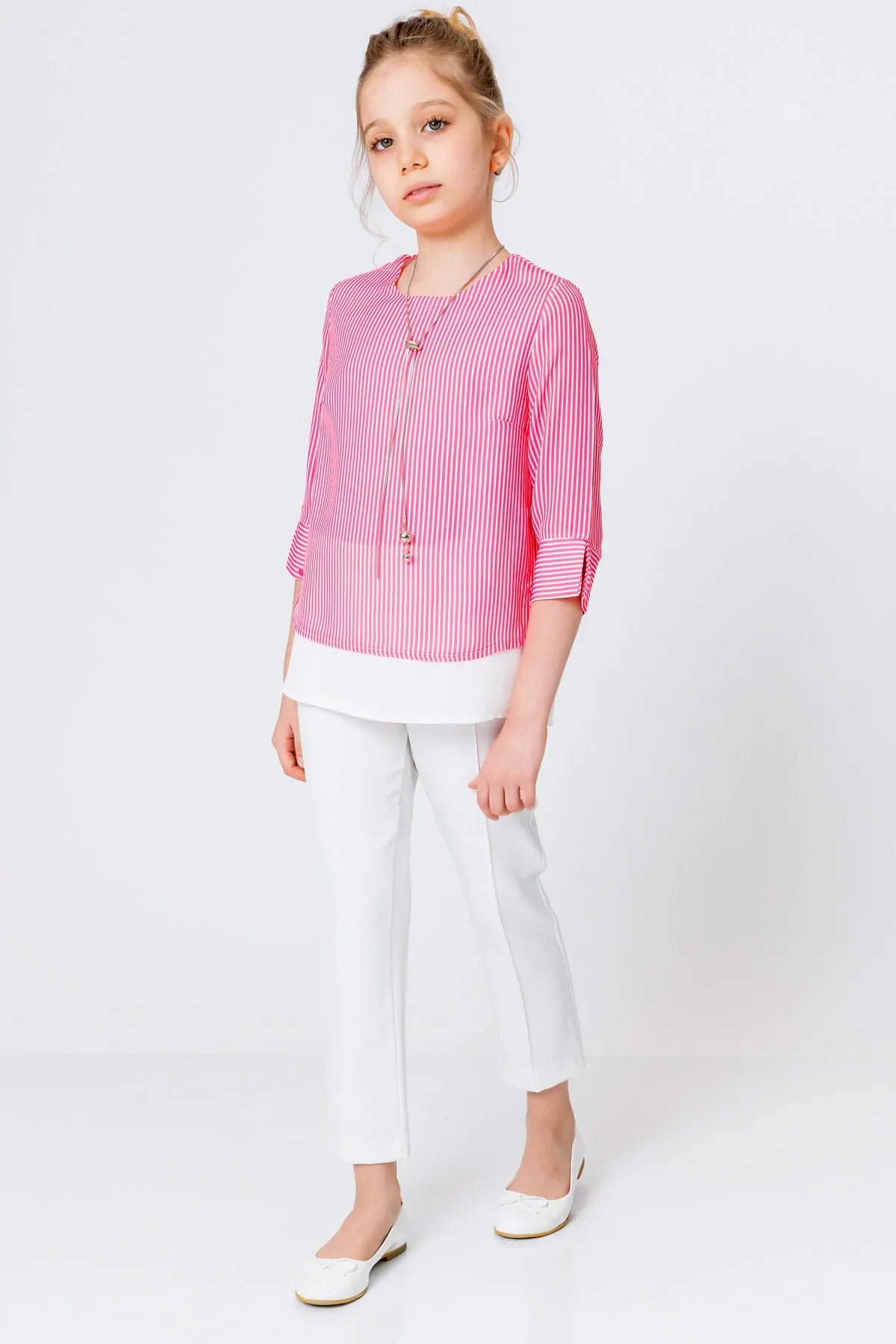 InCity Kids Girls Round Neck Stripe 3/4 Sleeve Dress Blouse with Necklace InCity Boys & Girls