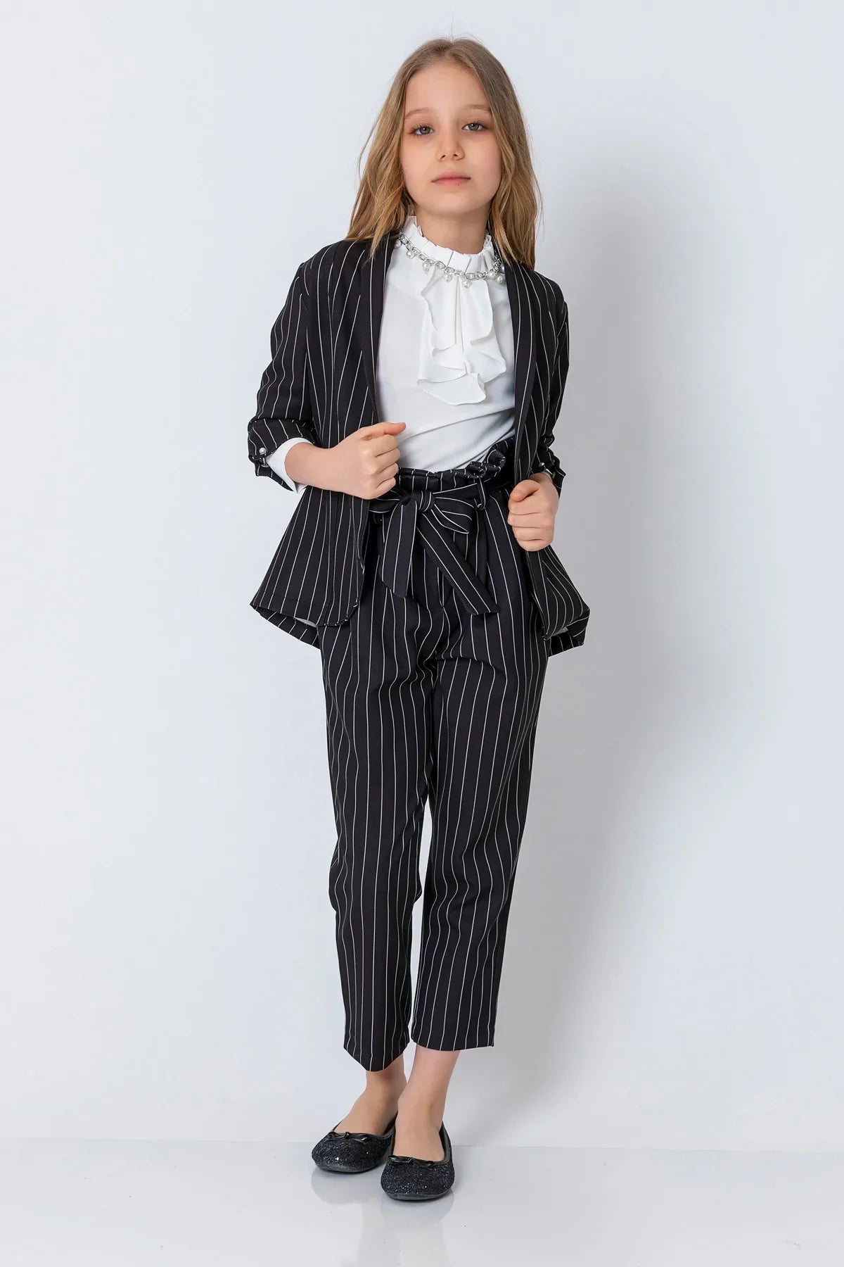 InCity Kids Girls Ribbon Belted Striped Straight Leg Dress Pants InCity Boys & Girls