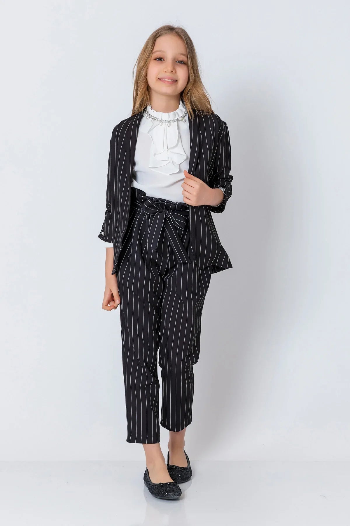 InCity Kids Girls Ribbon Belted Striped Straight Leg Dress Pants InCity Boys & Girls