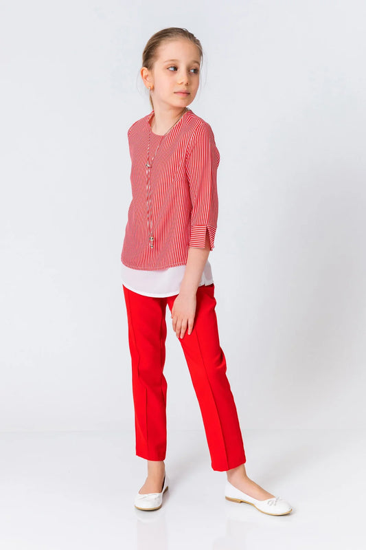 InCity Kids Girls Round Neck Stripe 3/4 Sleeve Dress Blouse with Necklace InCity Boys & Girls