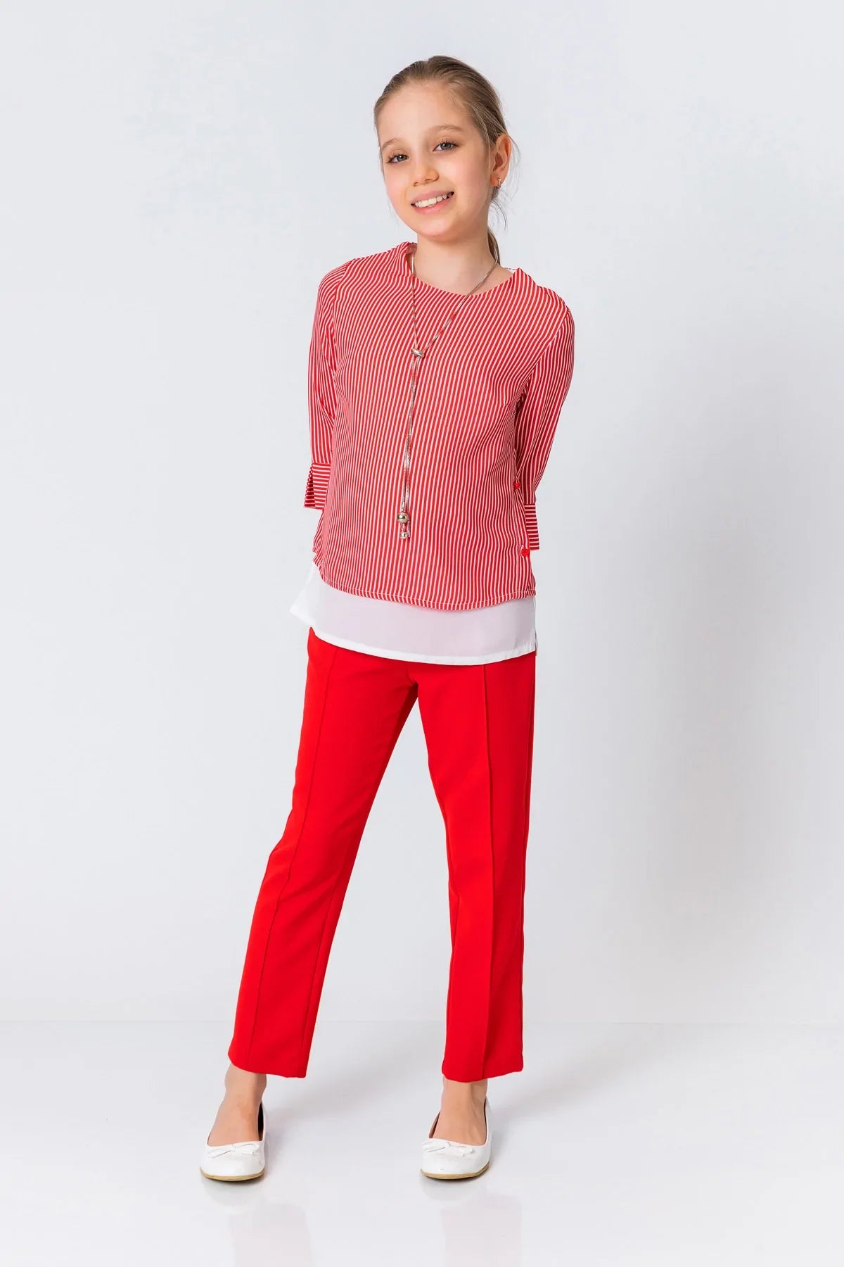 InCity Kids Girls Round Neck Stripe 3/4 Sleeve Dress Blouse with Necklace InCity Boys & Girls