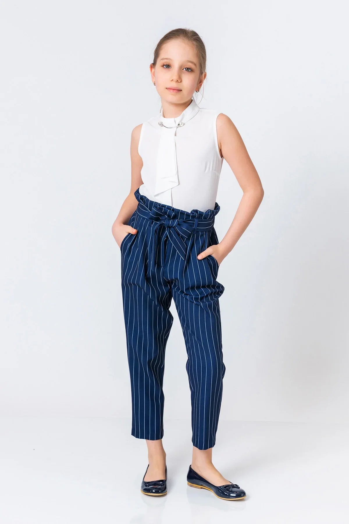 InCity Kids Girls Ribbon Belted Striped Straight Leg Dress Pants InCity Boys & Girls
