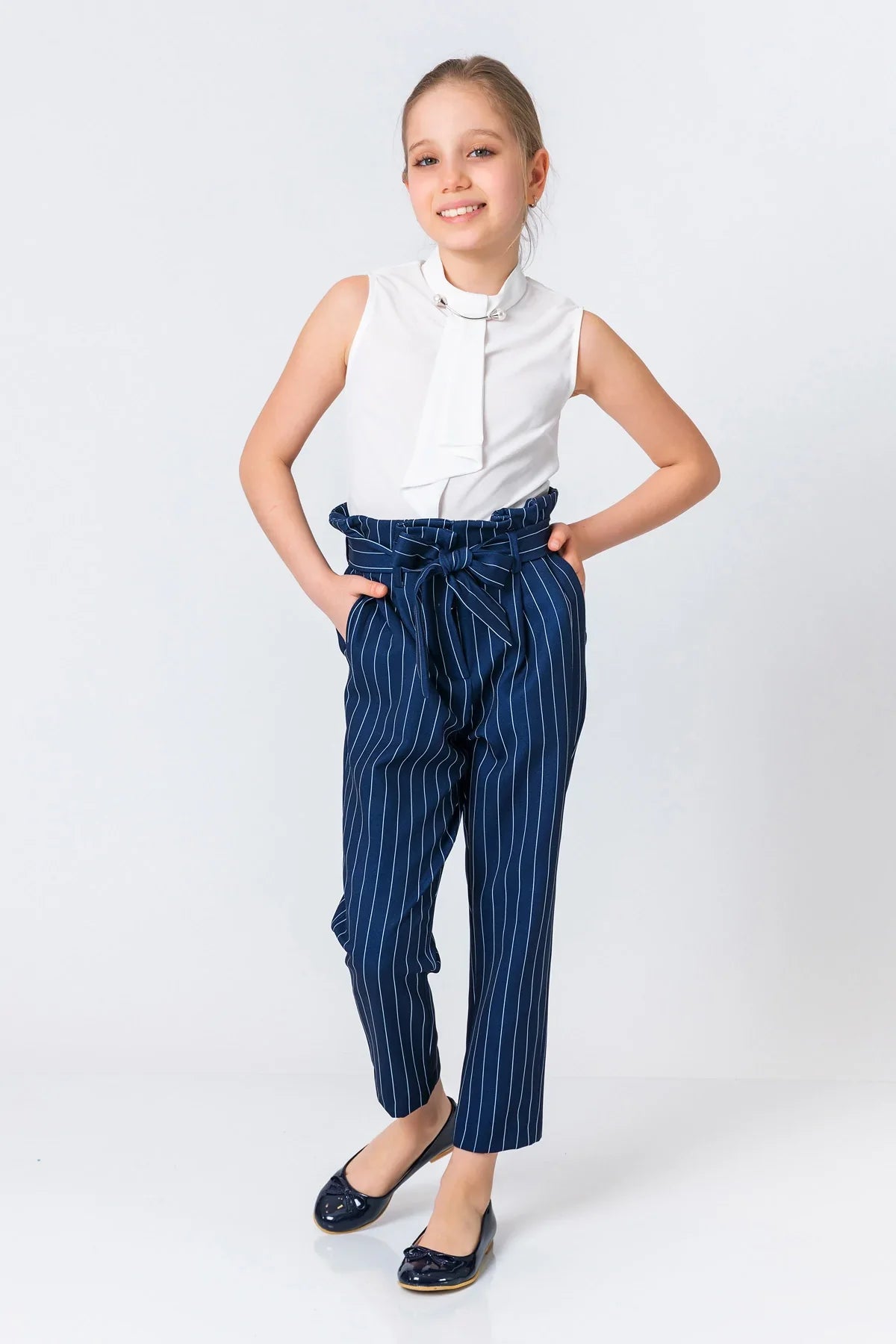 InCity Kids Girls Ribbon Belted Striped Straight Leg Dress Pants InCity Boys & Girls