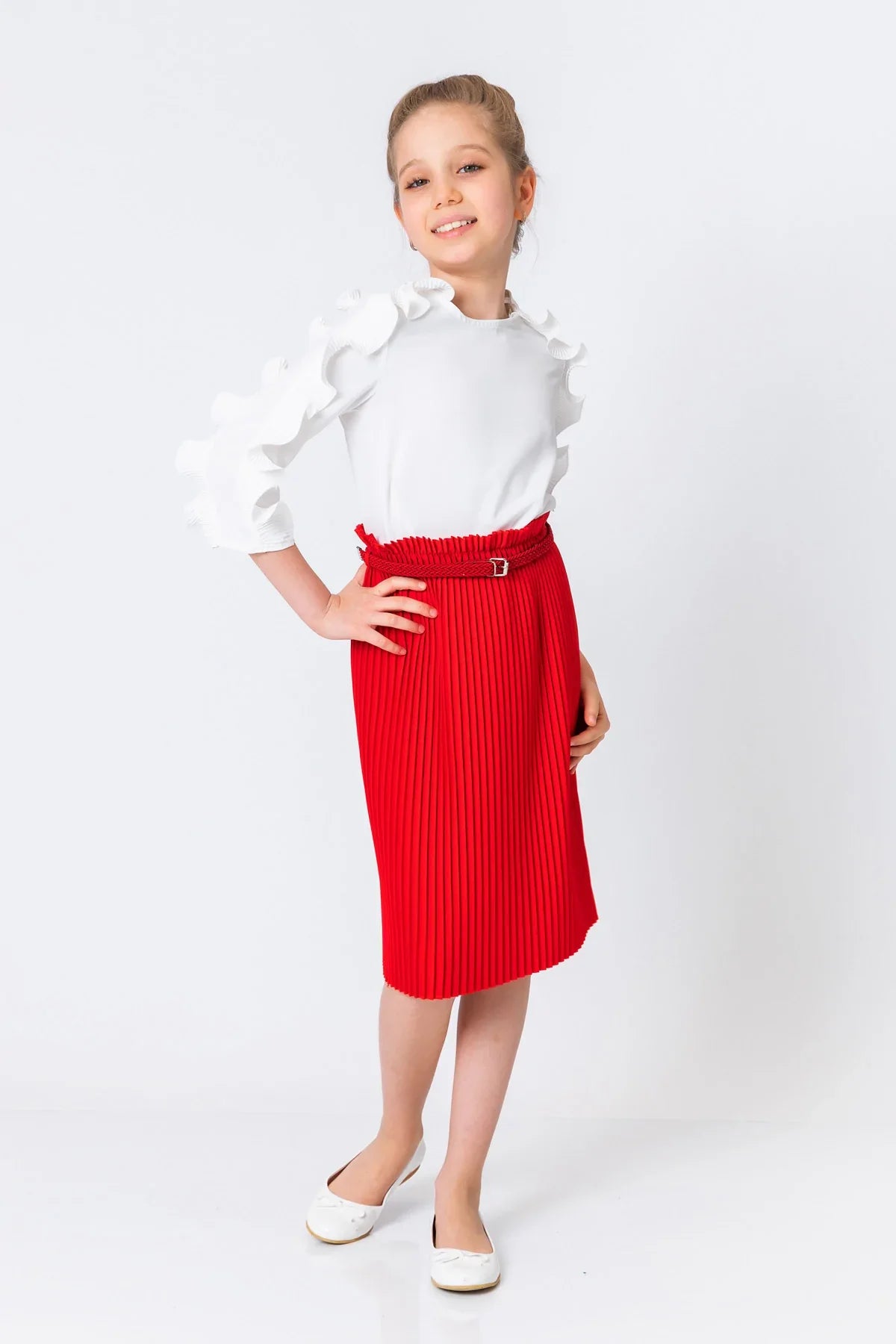 InCity Kids Girls Solid Belted Elastic Waist Pleated Midi Skirt InCity Boys & Girls