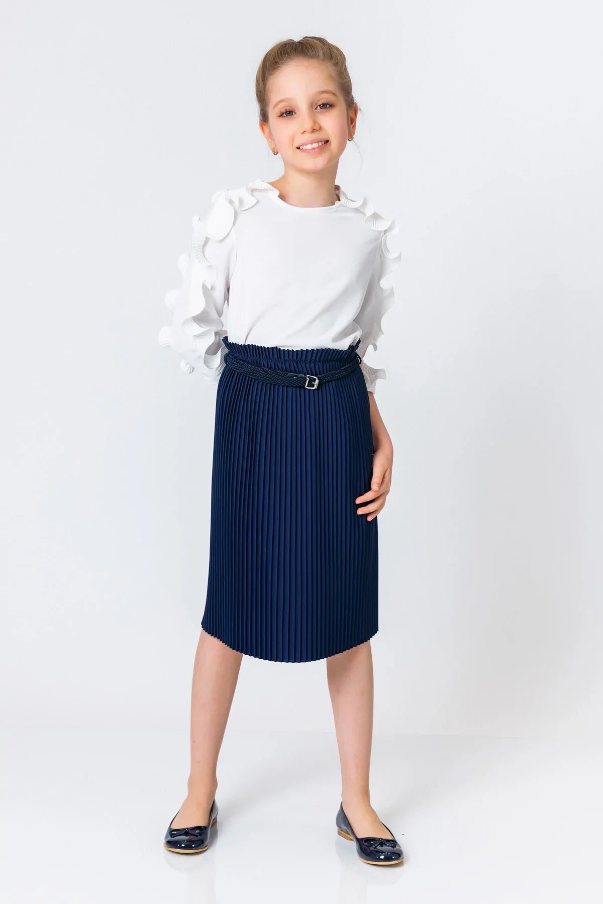 InCity Kids Girls Solid Belted Elastic Waist Pleated Midi Skirt InCity Boys & Girls