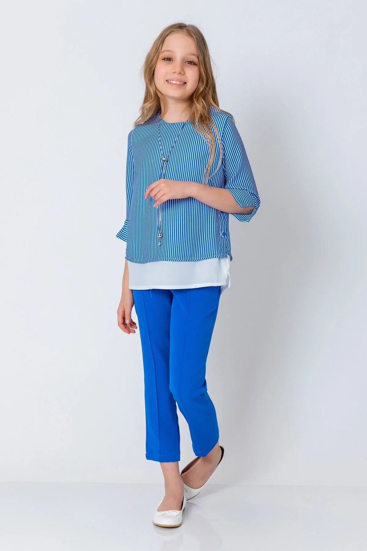 InCity Kids Girls Round Neck Stripe 3/4 Sleeve Dress Blouse with Necklace InCity Boys & Girls