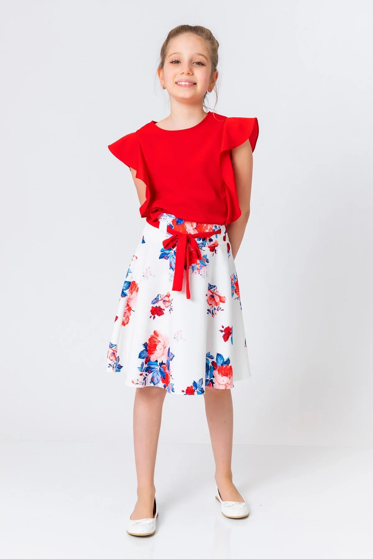 InCity Kids Girls Belted Floral Print Midi Skirt InCity Boys & Girls