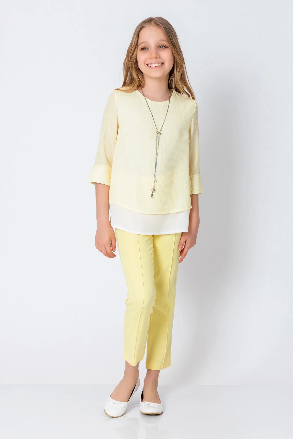 InCity Kids Girls Round Neck Stripe 3/4 Sleeve Dress Blouse with Necklace InCity Boys & Girls