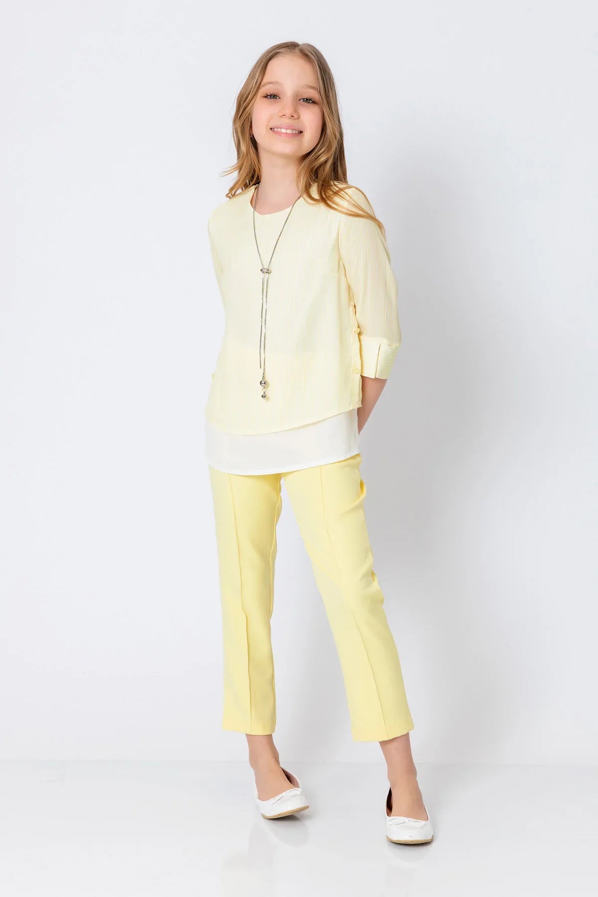 InCity Kids Girls Round Neck Stripe 3/4 Sleeve Dress Blouse with Necklace InCity Boys & Girls