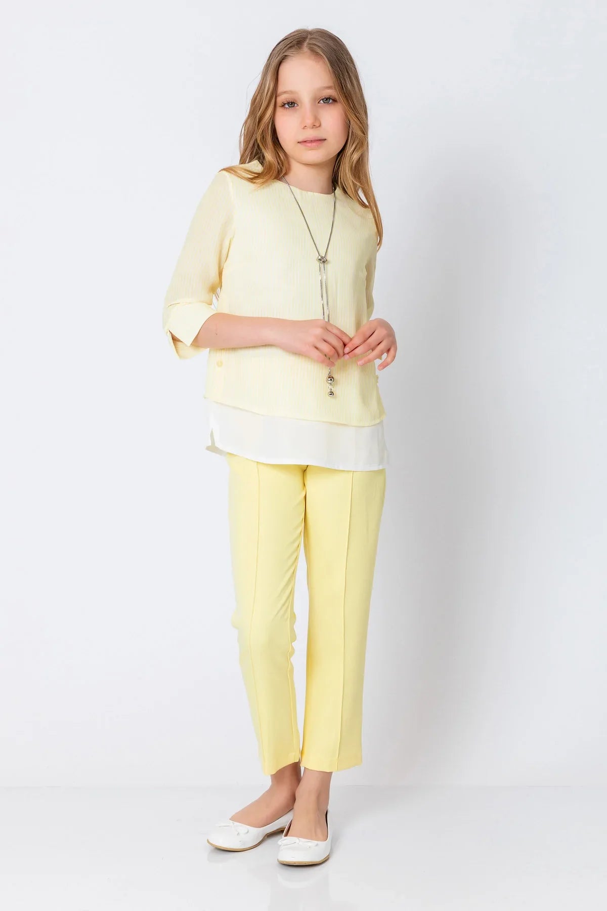 InCity Kids Girls Round Neck Stripe 3/4 Sleeve Dress Blouse with Necklace InCity Boys & Girls