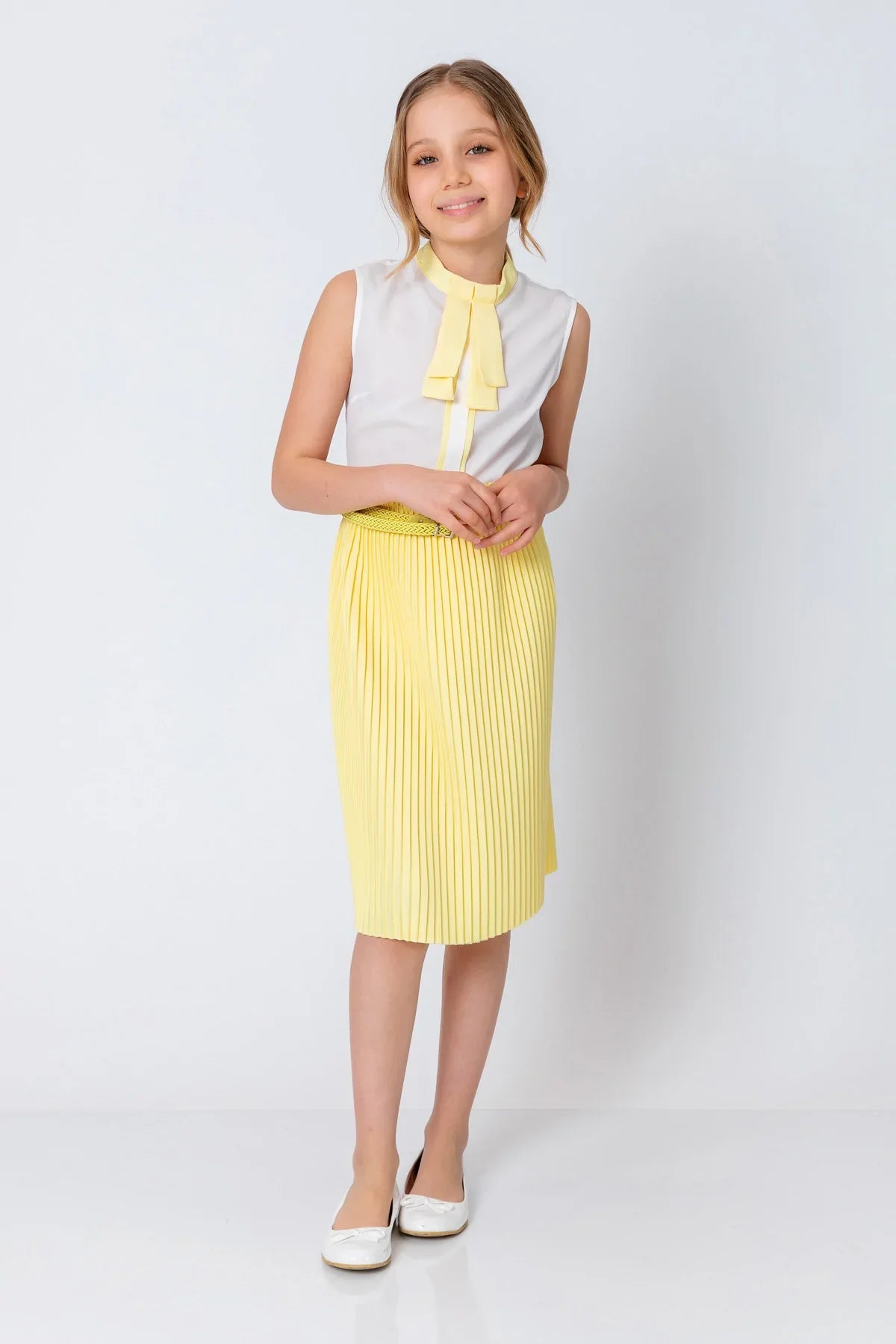 InCity Kids Girls Solid Belted Elastic Waist Pleated Midi Skirt InCity Boys & Girls