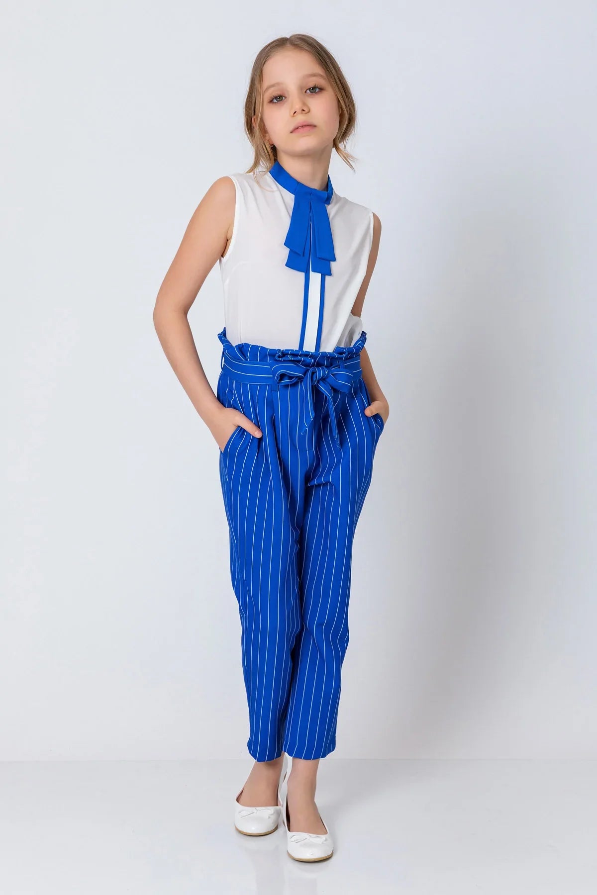 InCity Kids Girls Ribbon Belted Striped Straight Leg Dress Pants InCity Boys & Girls