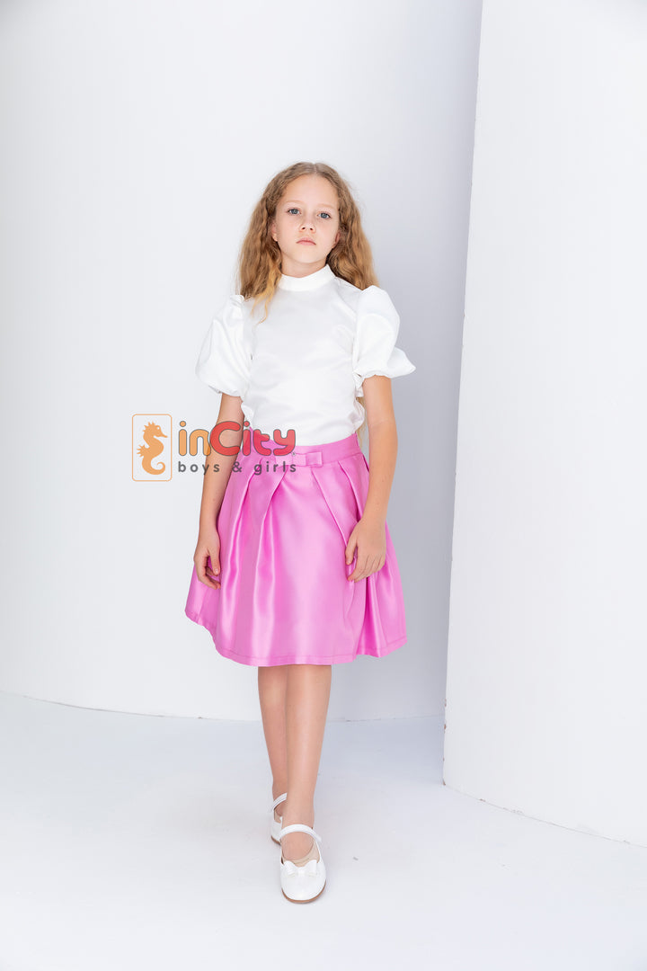 Kız Çocuk Pileli Kurdele Detaylı Fermuarlı Etek