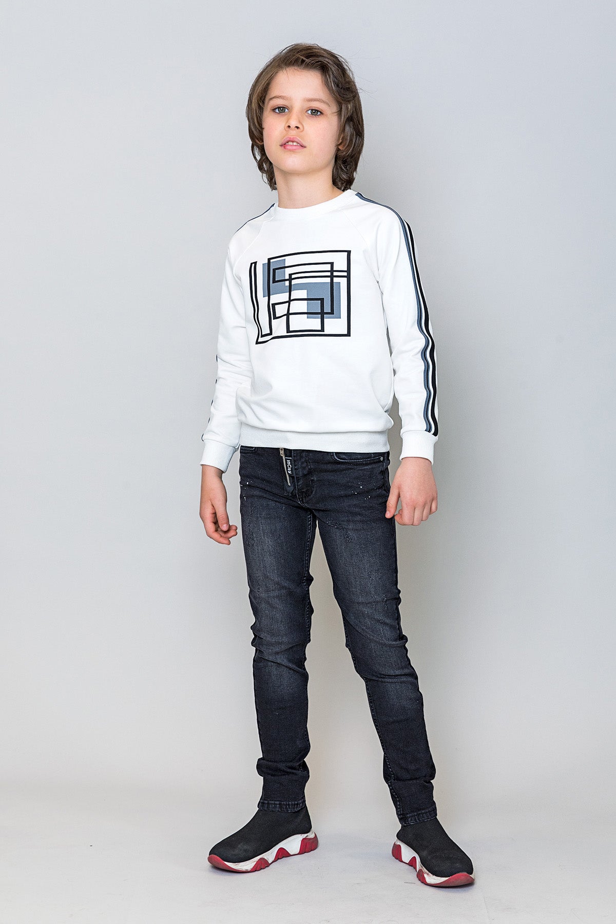 InCity Kids Erkek Çocuk Geometrik Baskılı Ekru Sweatshirt