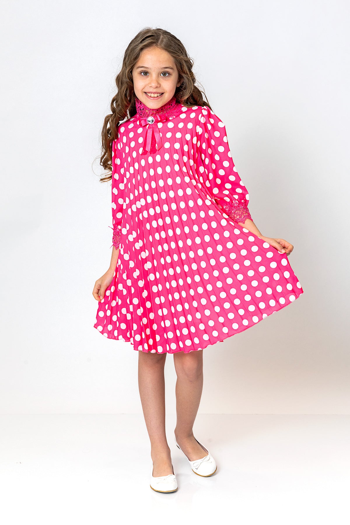 InCity Kids Girls Kurdele Yaka Puantiyeli Pileli Elbise