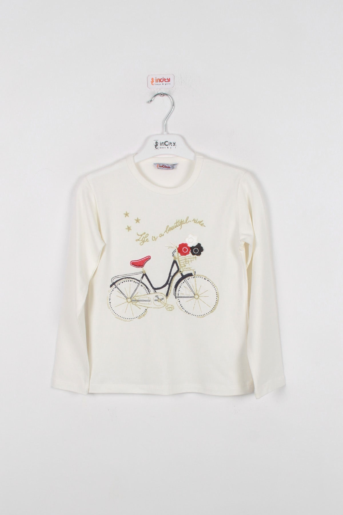 InCity Kids Kız Çocuk Bisiklet İşlemeli Uzun Kollu Tişört