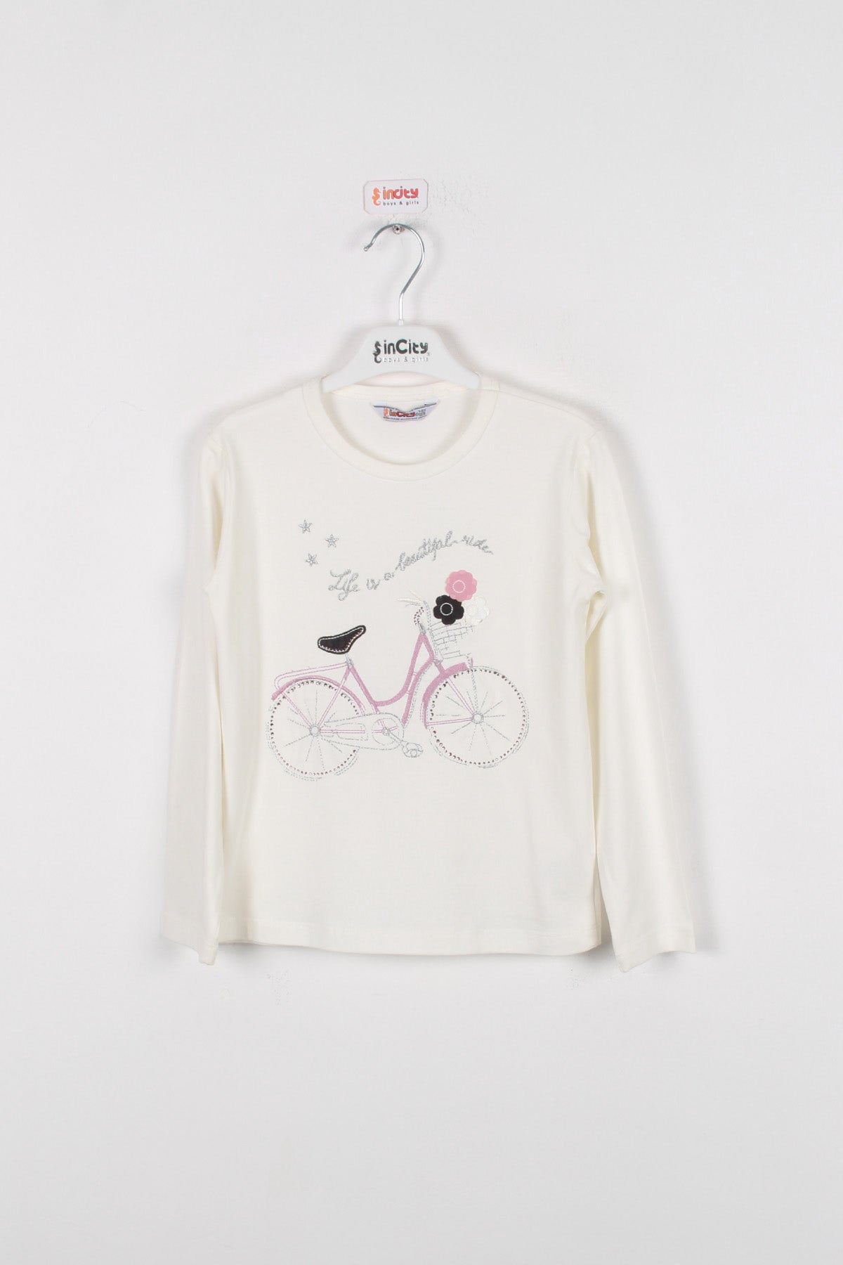 InCity Kids Kız Çocuk Bisiklet İşlemeli Uzun Kollu Tişört