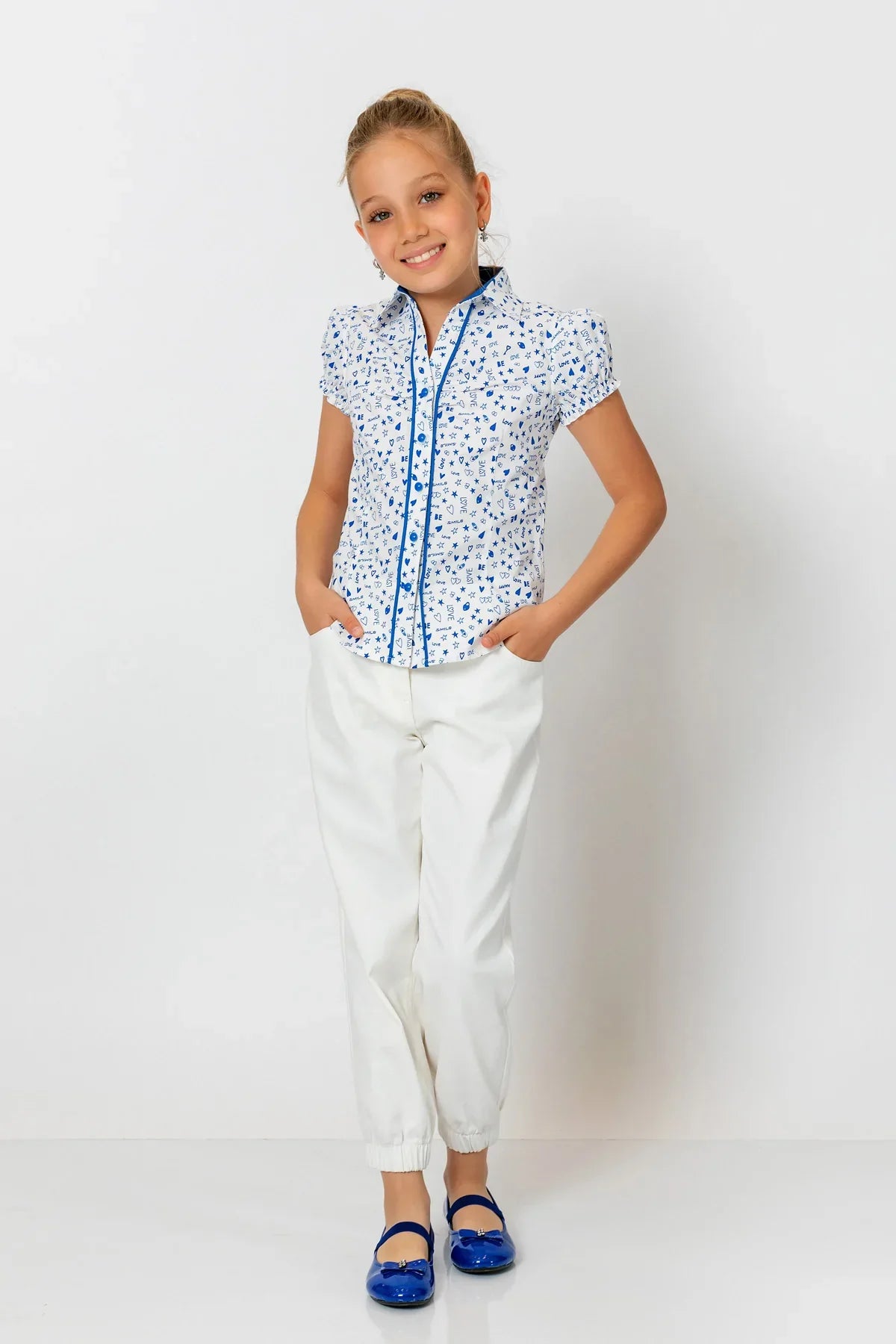 InCity Kids Girls Collared Button Down Short Cuff Sleeve Shirt Blouse InCity Boys & Girls