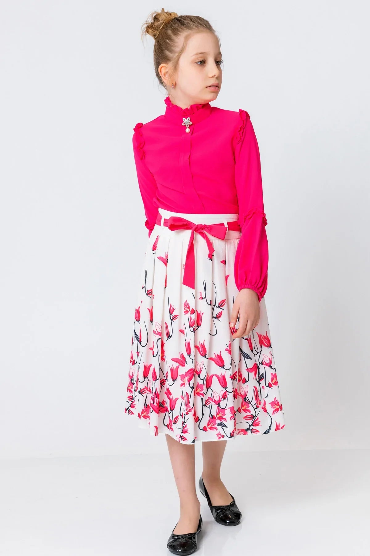 InCity Kids Girls Ribbon Belted Floral Print Pleated Midi Fashion Skirt InCity Boys & Girls