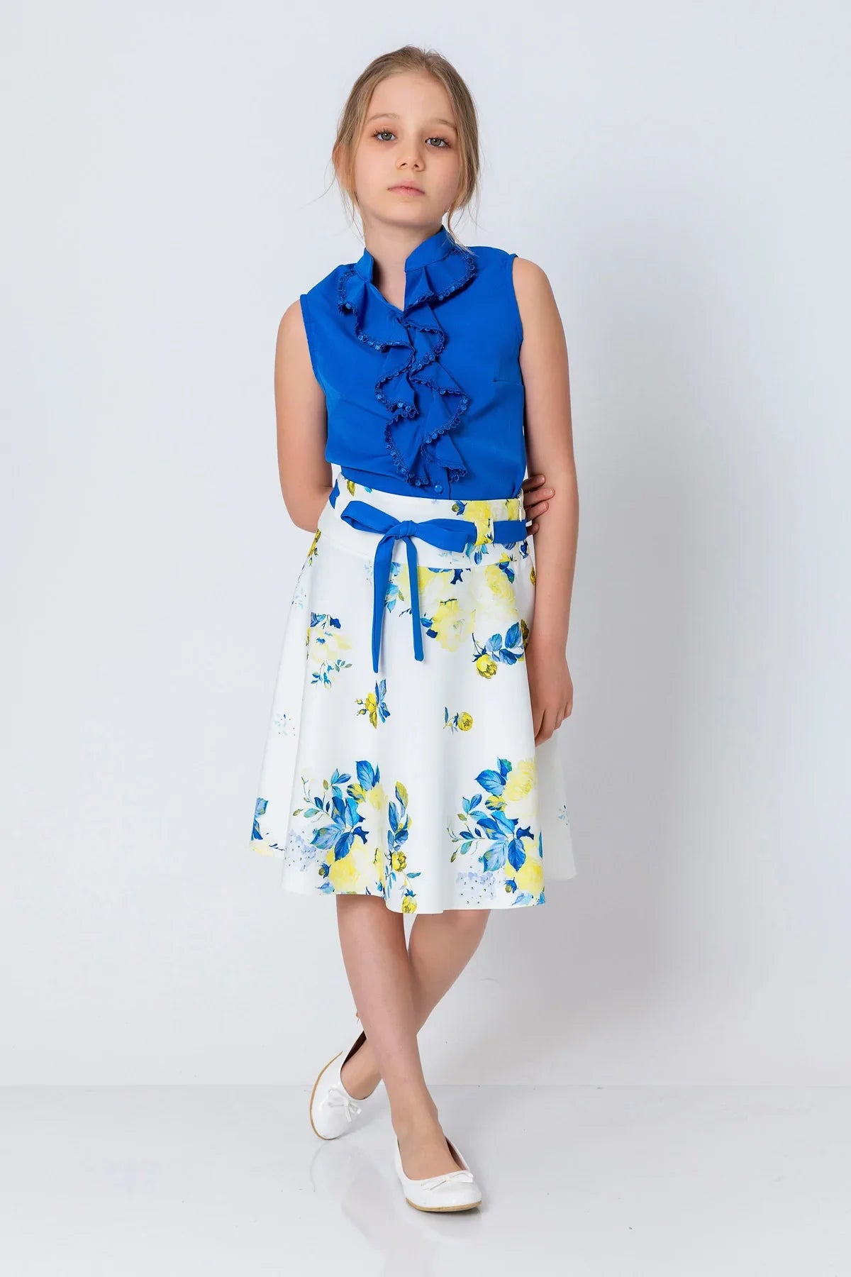 InCity Kids Girls Belted Floral Print Midi Skirt InCity Boys & Girls